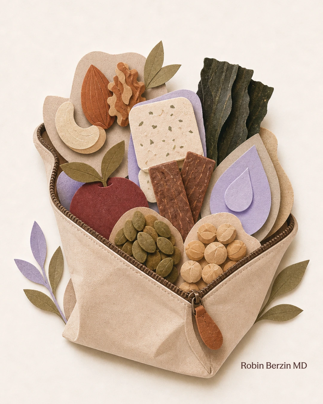 10 nutrient-dense snacks I pack on-the-go editorial cut-paper collage illustration