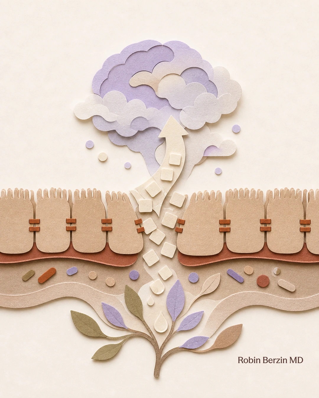 Bloating and brain fog? You’re probably low in butyrate.  editorial cut-paper collage illustration