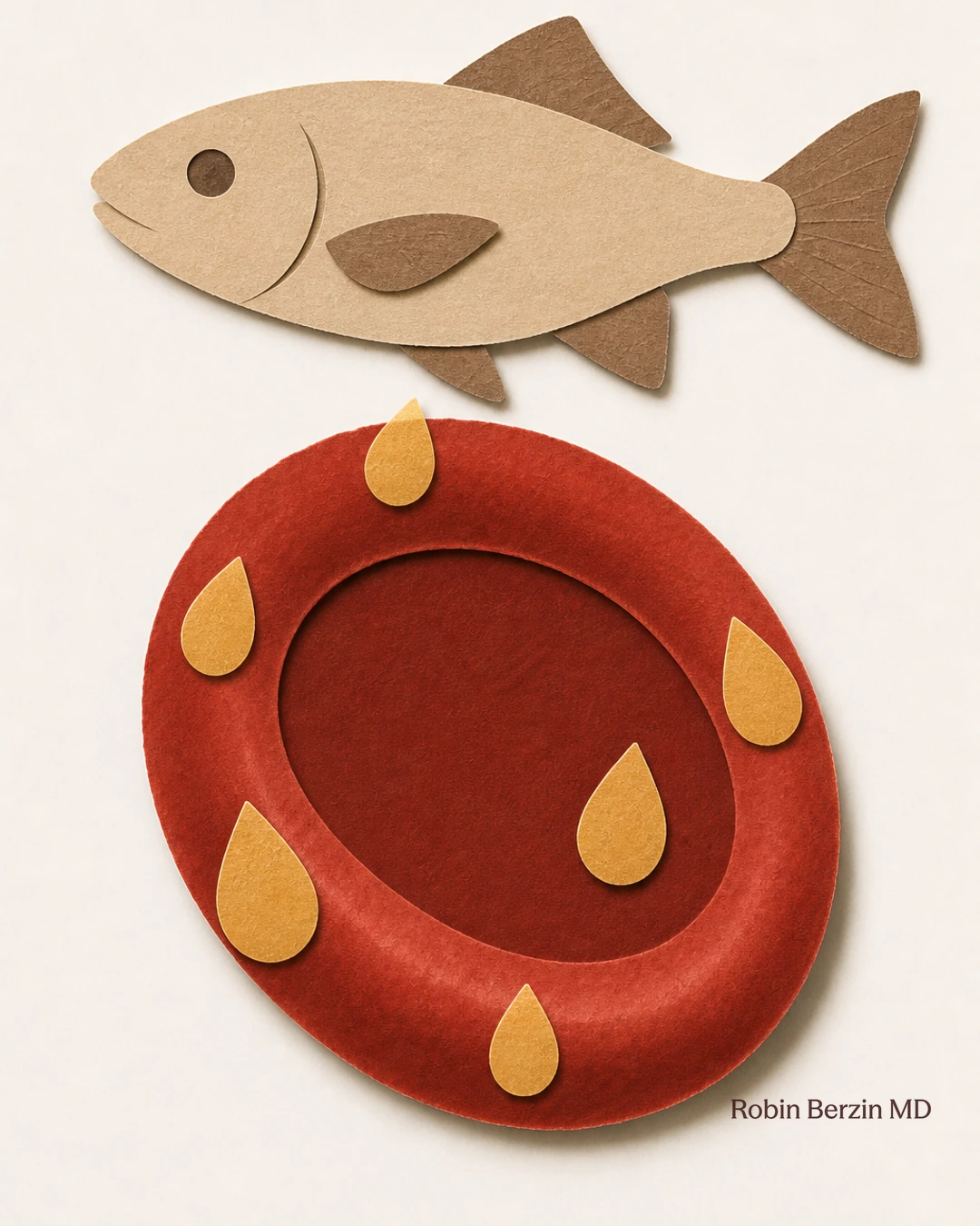 Golden fish-oil droplets coat a red blood cell beside a fish.